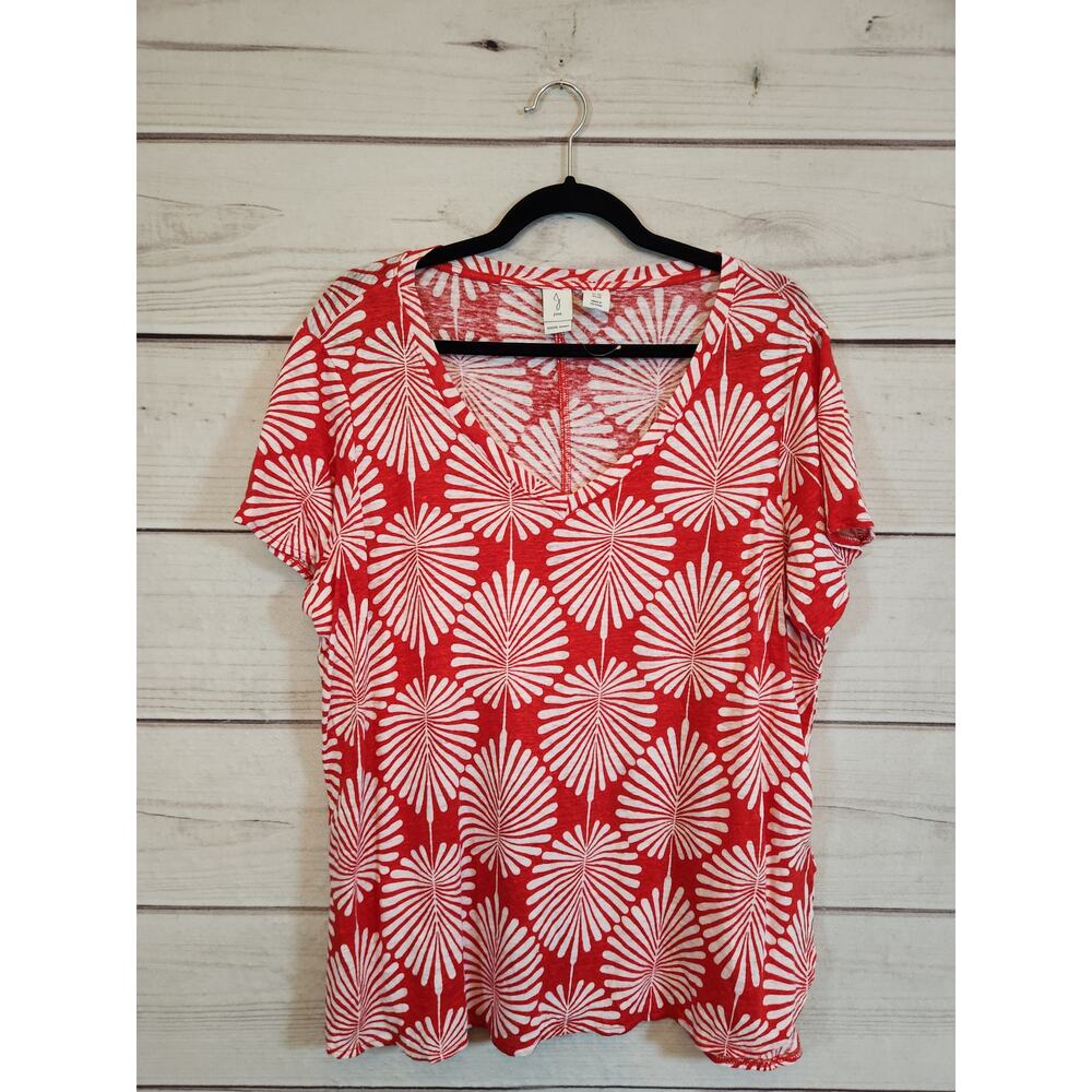 Joie Womens Red White Leaf Floral Linen Knit V-Neck Short Sleeve T-Shirt Size 1X